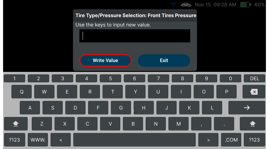 Inputting new front tire pressure value and tapping Write Value