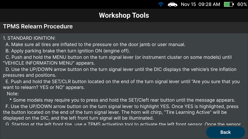 Viewing detailed manual TPMS Relearn procedure steps on Innova SDS50