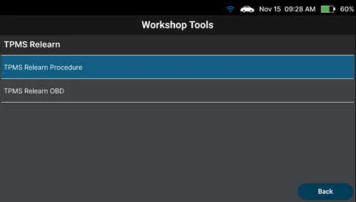 Selecting manual TPMS Relearn Procedure option in the reset list