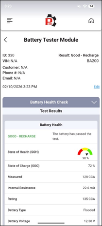 Out of Vehicle Test report screen displaying final battery health results