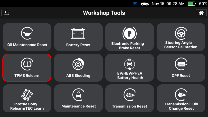 Selecting TPMS Relearn in the Workshop Tools reset menu on Innova SDS50