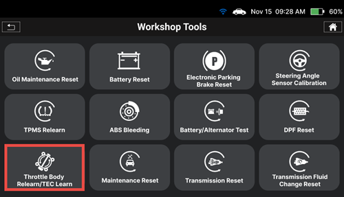 Selecting Throttle Body Relearn / TEC Learn in the Workshop Tools menu on Innova SDS50