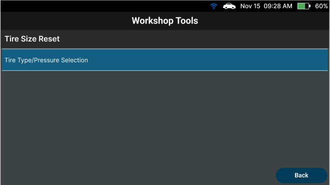 Selecting Tire Type / Pressure Selection option