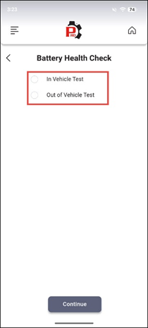 Selecting battery type, standard, rating, and confirming ready clamp status on screen