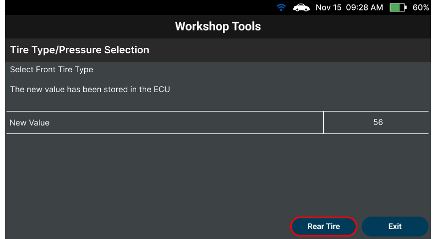 Successful Front Tire Pressure value write confirmation on Innova SDS50