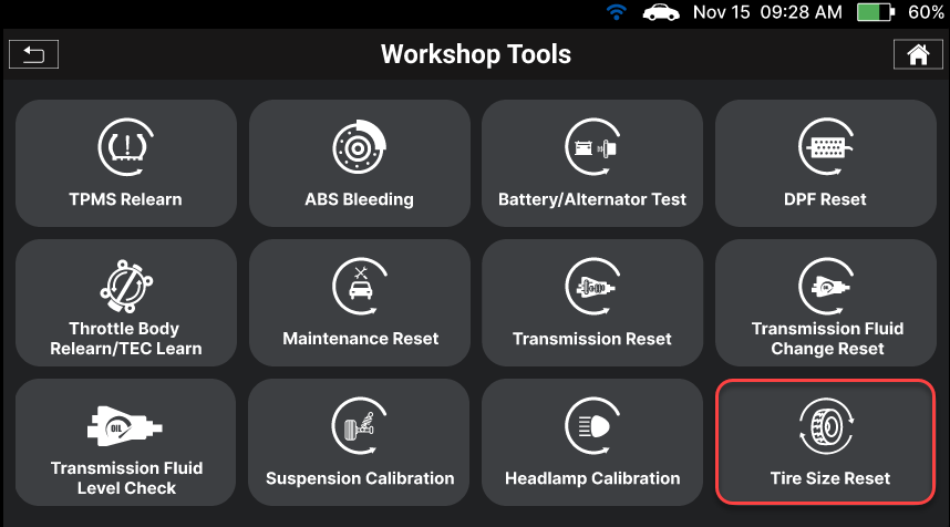Selecting Tire Size Reset in the Workshop Tools menu on Innova SDS50