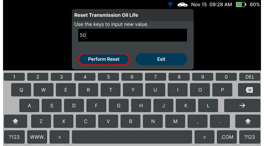 Inputting new transmission oil life percentage and tapping Perform Reset