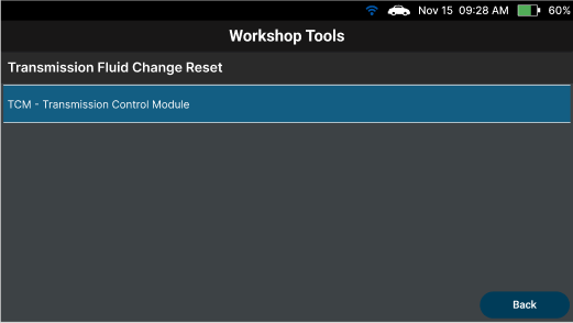 Selecting Transmission Control Module system group in the menu