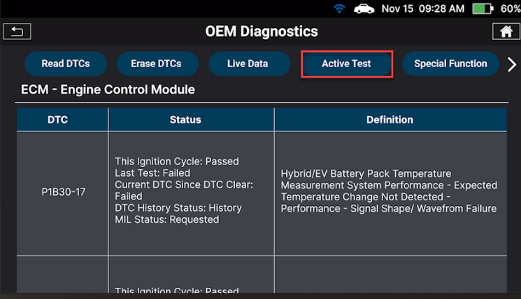 Selecting Active Test option inside the system diagnostic menu