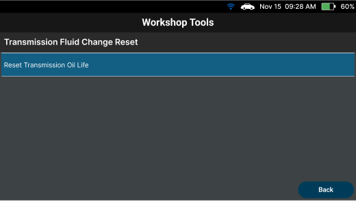 Selecting Reset Transmission Oil Life function to perform fluid reset