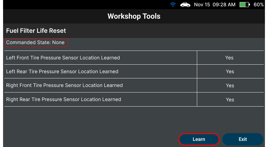 Tapping Learn button to start OBD TPMS sensor registration process