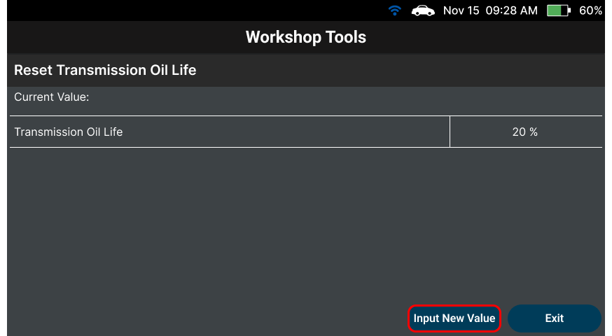 Reviewing Transmission Oil Life status and tapping Input New Value button