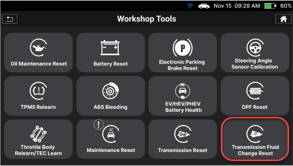 Selecting Transmission Fluid Change Reset in the Workshop Tools menu on Innova SDS50