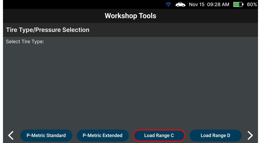 Selecting load range options from the tire type list on Innova SDS50