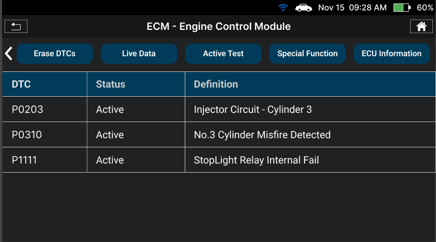 OEM trouble codes list displaying active pending and history status on Innova SDS50