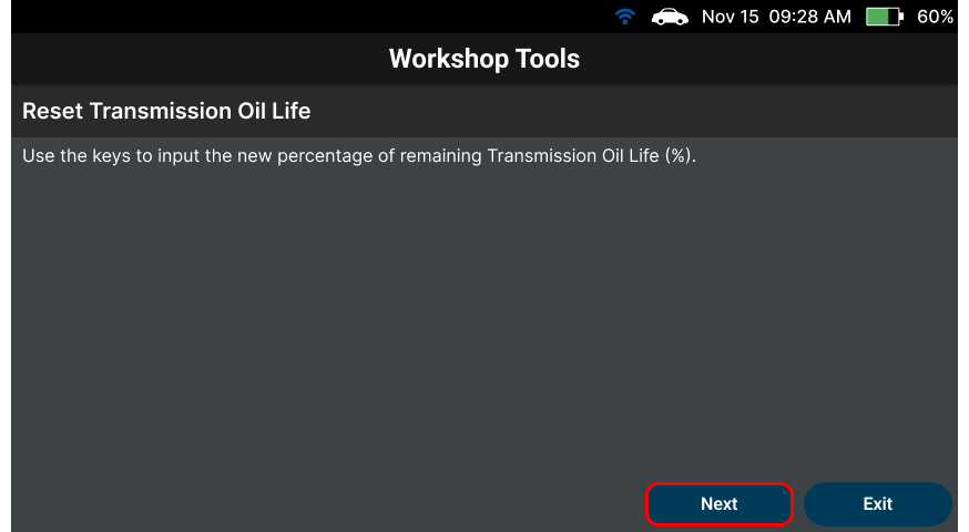 Reviewing oil life reset instruction details on the Innova SDS50 screen