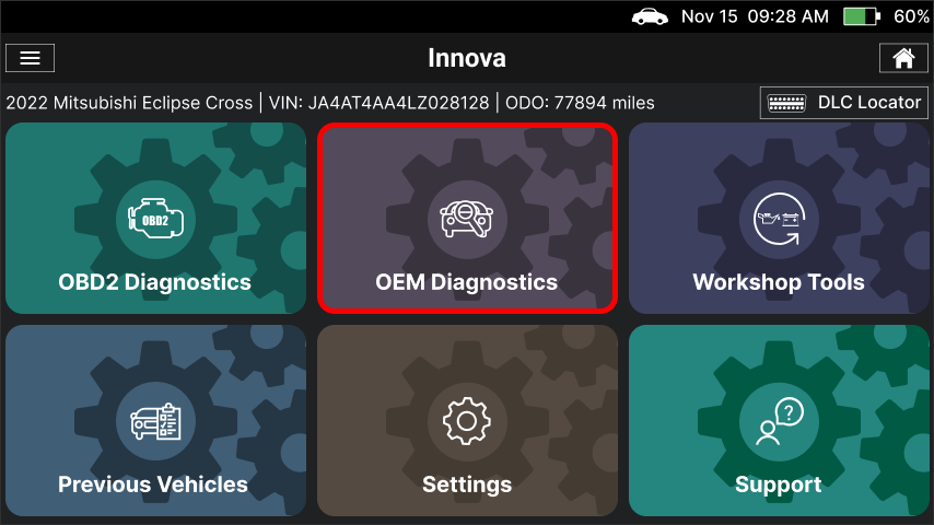 Innova SDS50 main menu showing OEM Diagnostics option