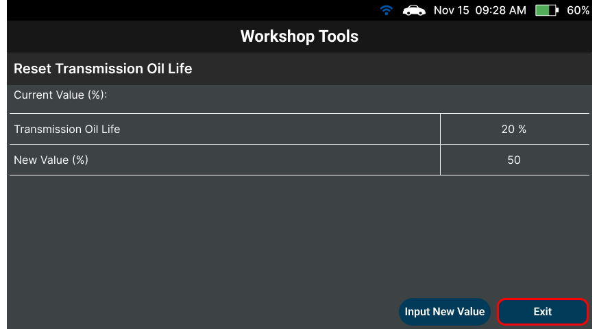 Successful Reset Transmission Oil Life write operation showing on Innova SDS50
