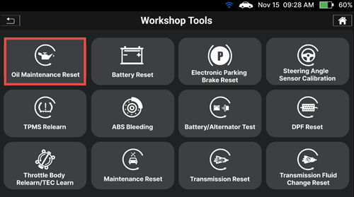 Selecting Oil Maintenance Reset in the Workshop Tools menu on Innova SDS50