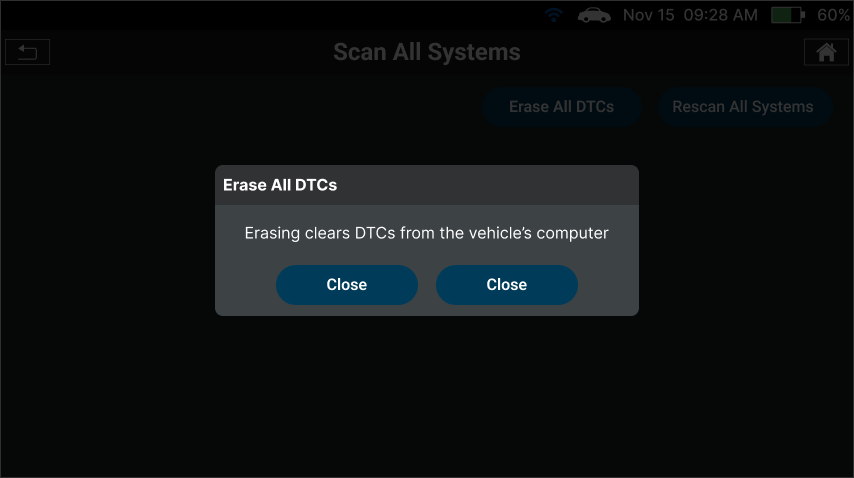 Selecting Erase All DTCs option to clear fault codes on Innova SDS50
