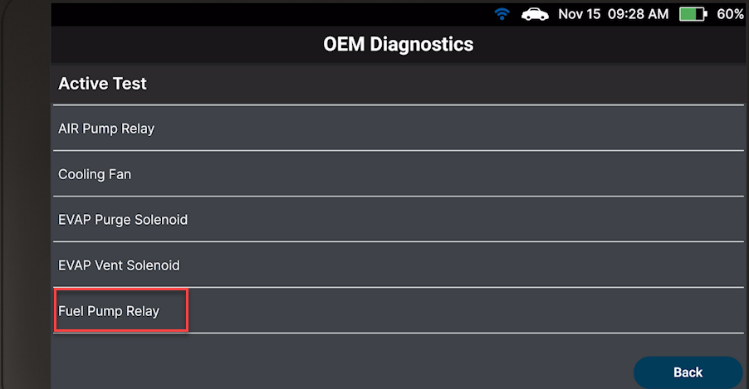 Menu of available Active Tests for the selected vehicle system module