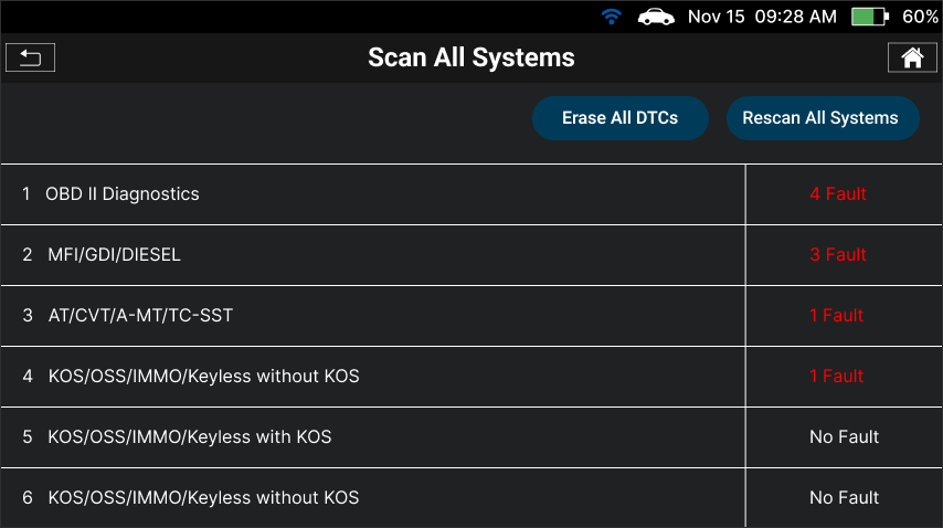 Selecting Scan All Systems button to scan all modules on Innova SDS50
