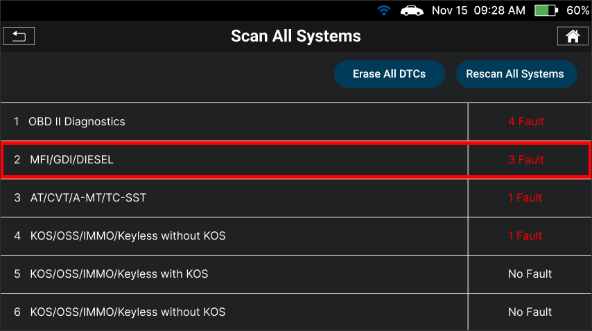 Selecting a specific system module from the health status list on Innova SDS50